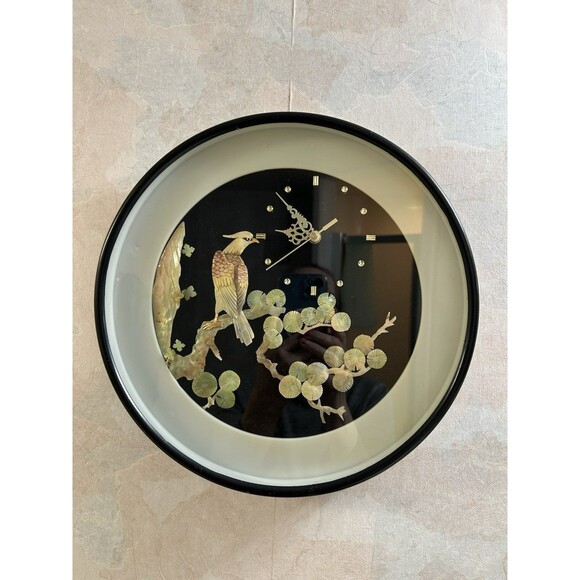 Mother Pearl Wall Clock Of Bird Sitting On A Branch - Picture 1 of 3